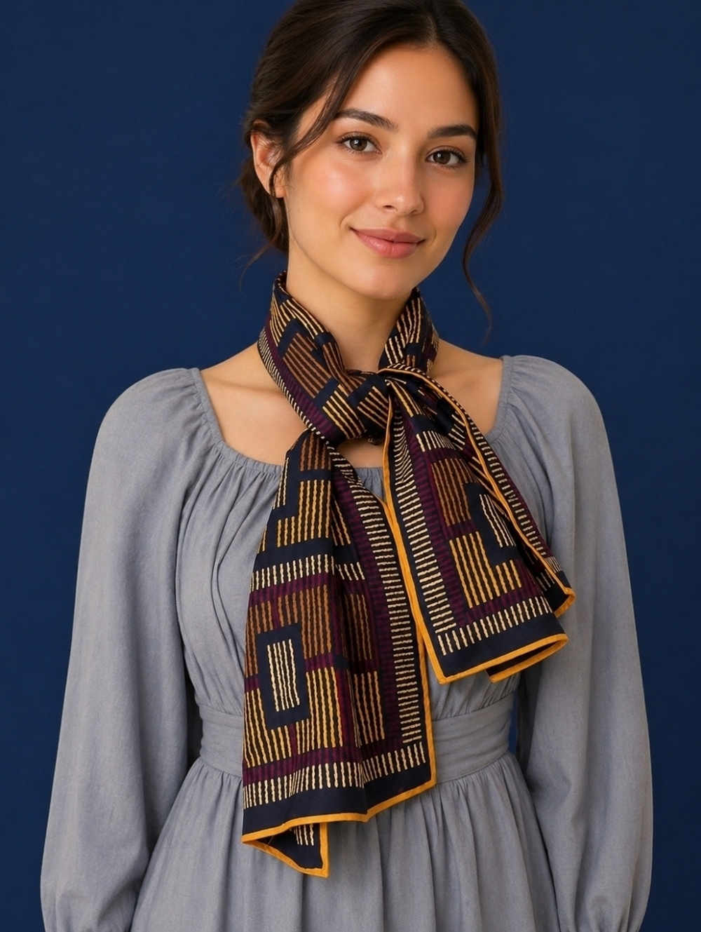Vintage NAVY Blue Yellow Geometric Hand Rolled Long Scarf
